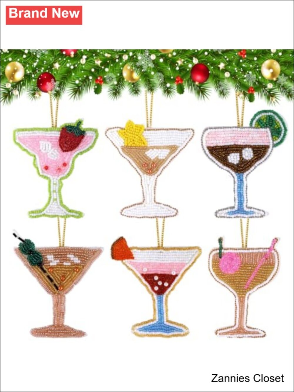 🎄 Beaded Fabric Martini Cocktail Christmas Ornaments Set of 6 Hanging Decor